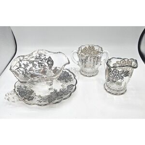 Vintage Clear Glass Silver Overlay‎ Floral Footed Bowl Set